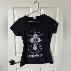 Black Graphic V-Neck Women's Top